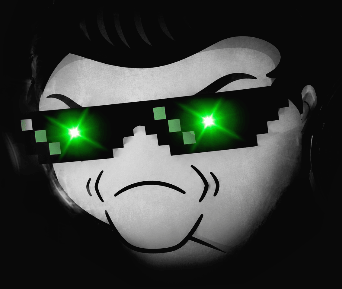 The $NUSUM mascot, close up in black and white, wearing glowing neon-green pixel sunglasses