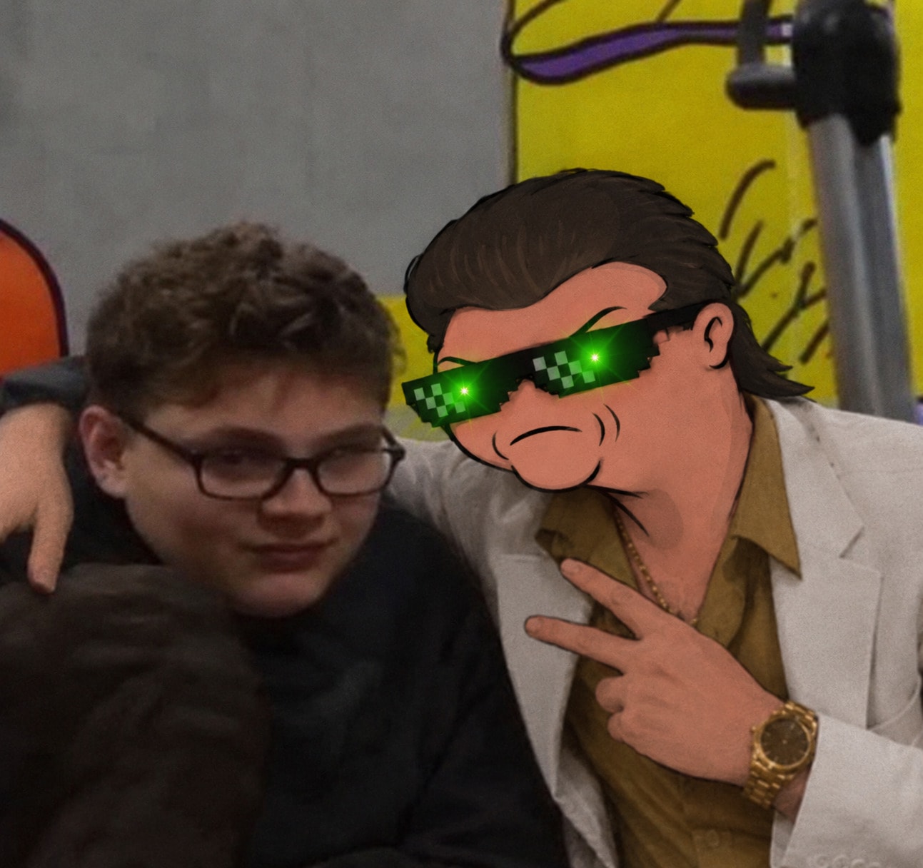 Parody edit: the $NUSUM mascot in green pixel sunglasses throws a peace sign, arm around a fan, in a casual selfie.