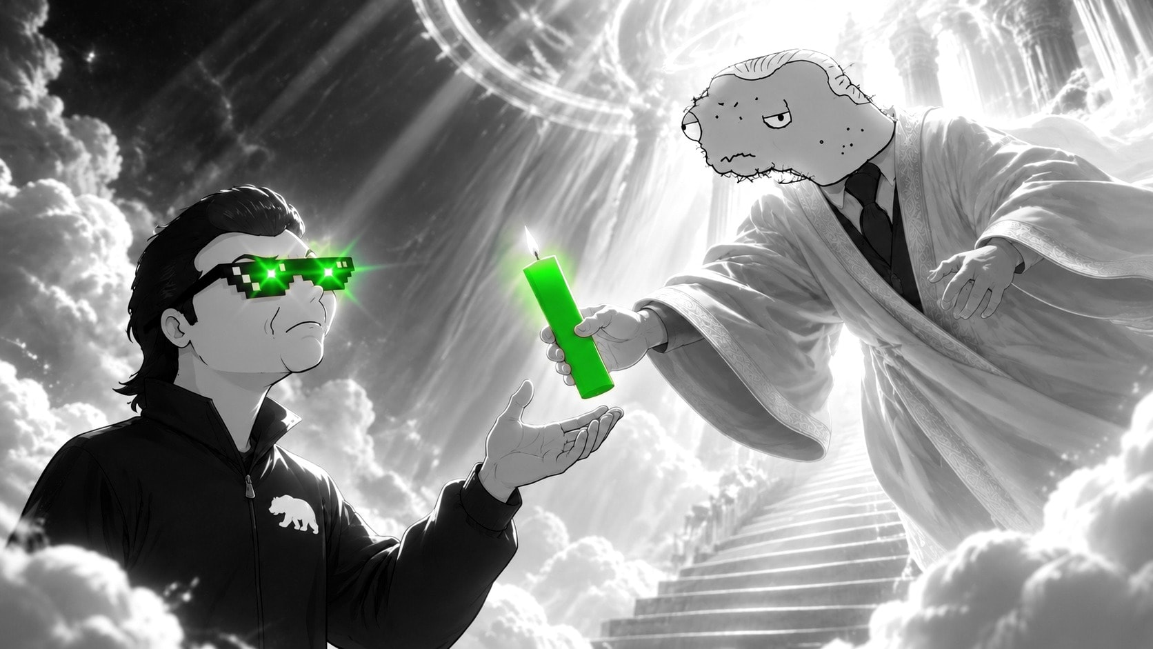 Illustration in black and white: the $NUSUM mascot, in glowing green pixel sunglasses, reaches toward a green candle held out by a satirical celestial figure.